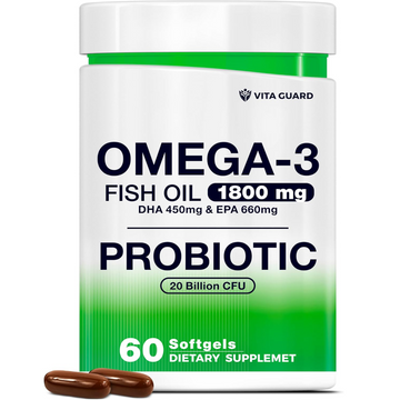 Omega-3 Fish Oil with Probiotics – 1800mg Fish Oil, 660mg EPA, 450mg DHA – Heart, Brain & Gut Support – 20 Billion CFU – Lemon-Flavored Burpless Softgels – Non-GMO, Gluten-Free