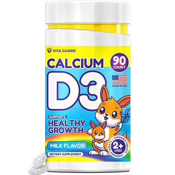 Calcium D3 Chewable Tablets for Kids – 640 mg Calcium & 320 IU Vitamin D3 – Non-GMO, Organic – Milk Flavor – Bone & Teeth Support Supplement – 90 Tablets for Ages 2+