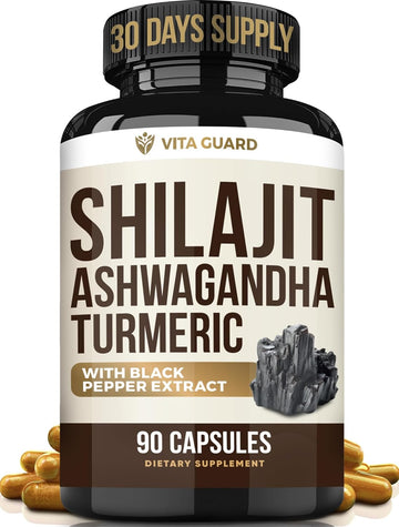 Himalayan Shilajit + Ashwagandha & Turmeric - 1610mg High Potency | Vegan Capsules with Fulvic Acid, 95% Curcuminoids & Black Pepper | Joint, Mood & Immune Support | 90 Count