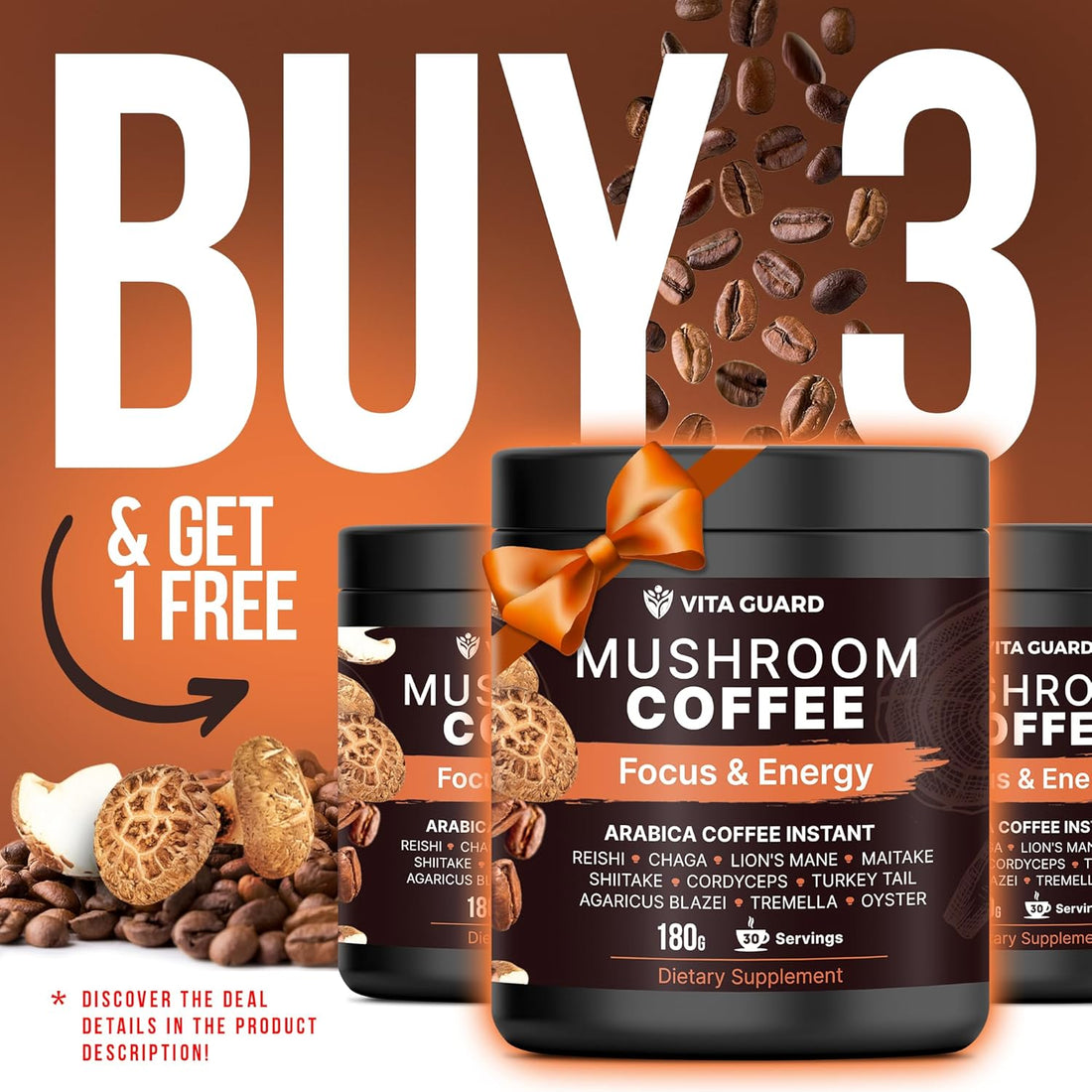 Vita Guard 10 Mushroom Coffee Instant Blend – Lion’s Mane, Cordyceps & Reishi – Premium Arabica with Coconut Powder – Focus, Energy & Immune Support | Cafe de Hongos – Rich & Smooth Adaptogenic Coffee