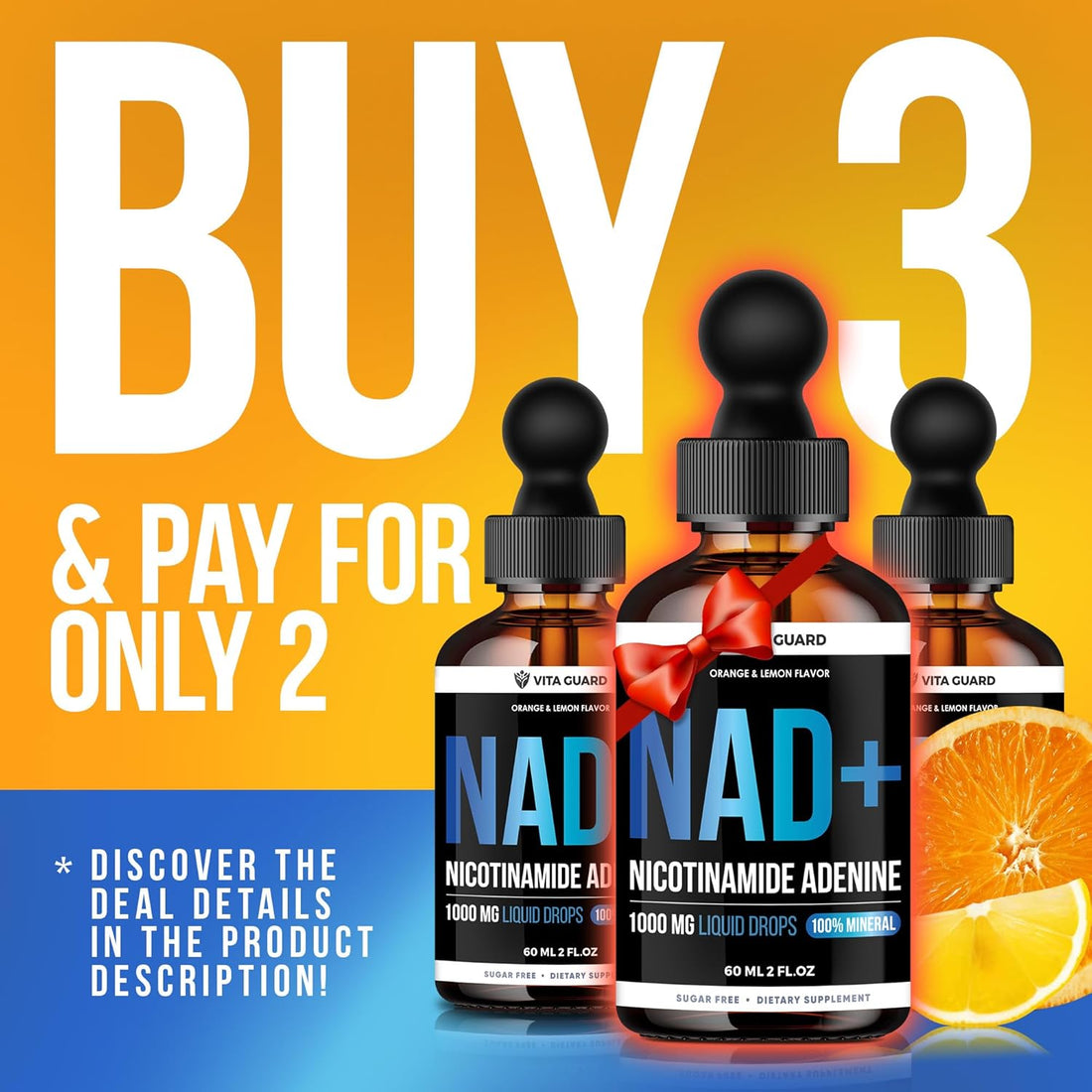 Pure NAD+ Supplements 1000mg Liquid Drops for Women & Man | Nicotinamide Adenine Similar to Nicotinamide Riboside NAD Plus Boosting Supplement - Natural Lemon & Orange Flavor