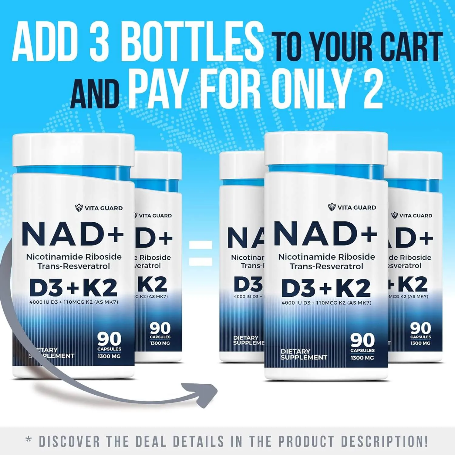 NAD+ 1000mg with Resveratrol, D3 + K2 — Capsules — view 3