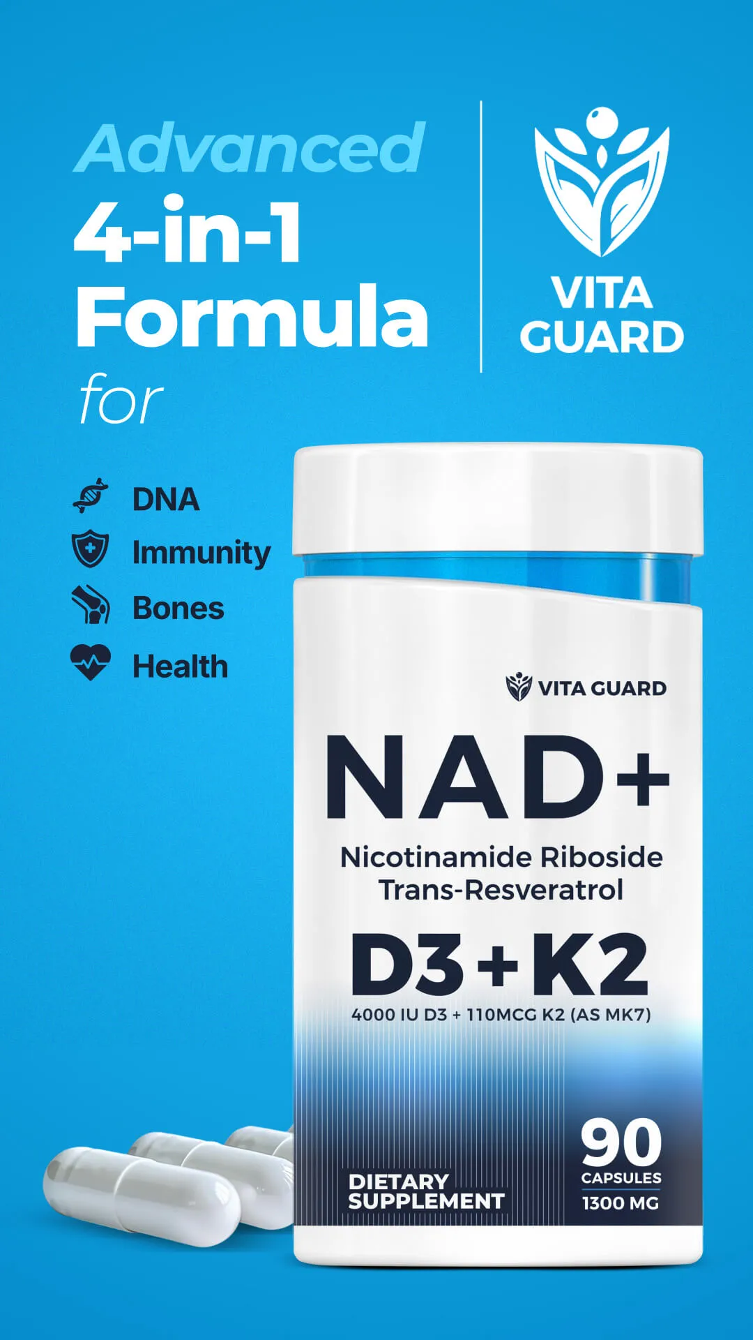 NAD+ 1000mg with Resveratrol, D3 + K2 — Capsules — video preview 9