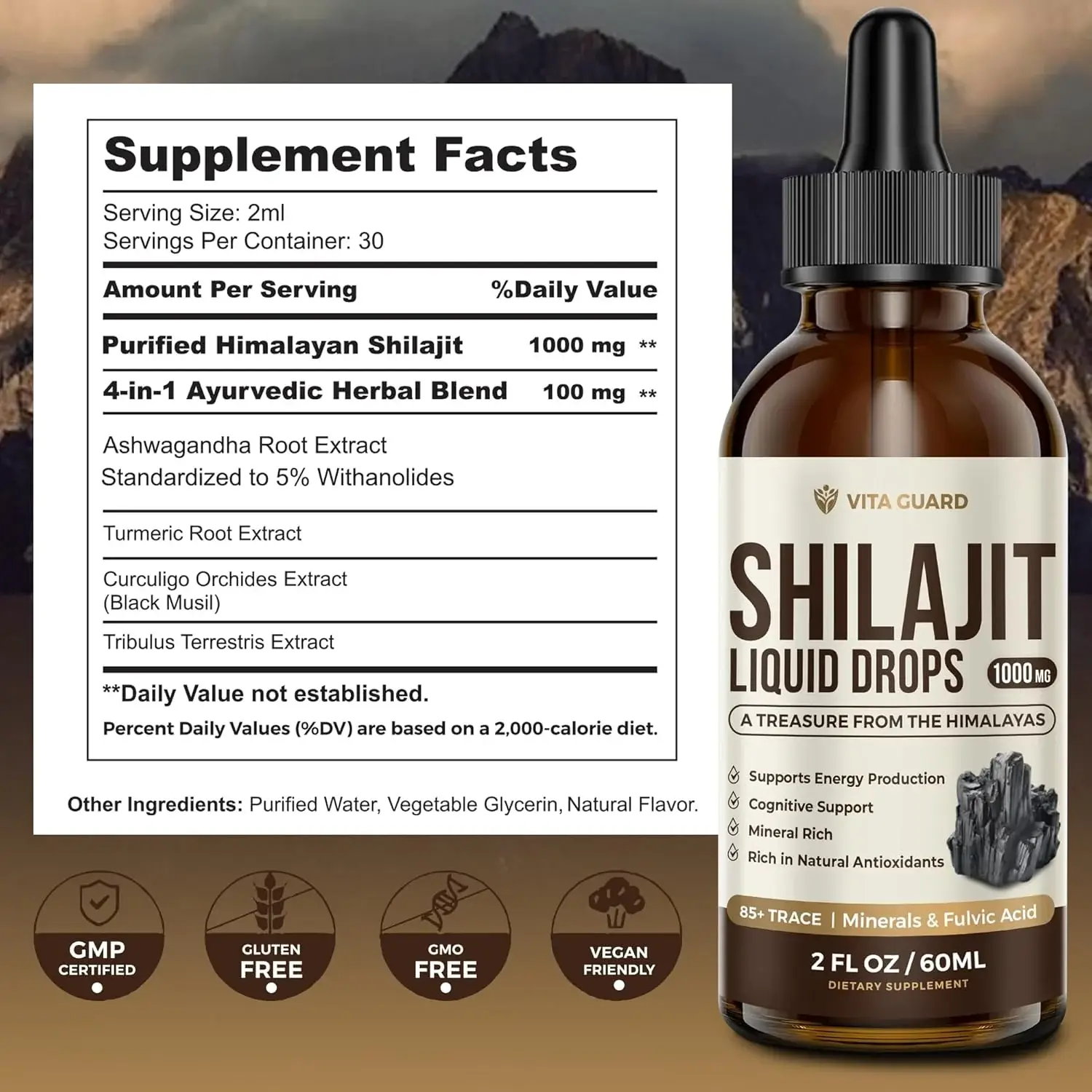 Himalayan Shilajit 1000mg + Ayurvedic Herbal Blend Liquid Drops — view 4