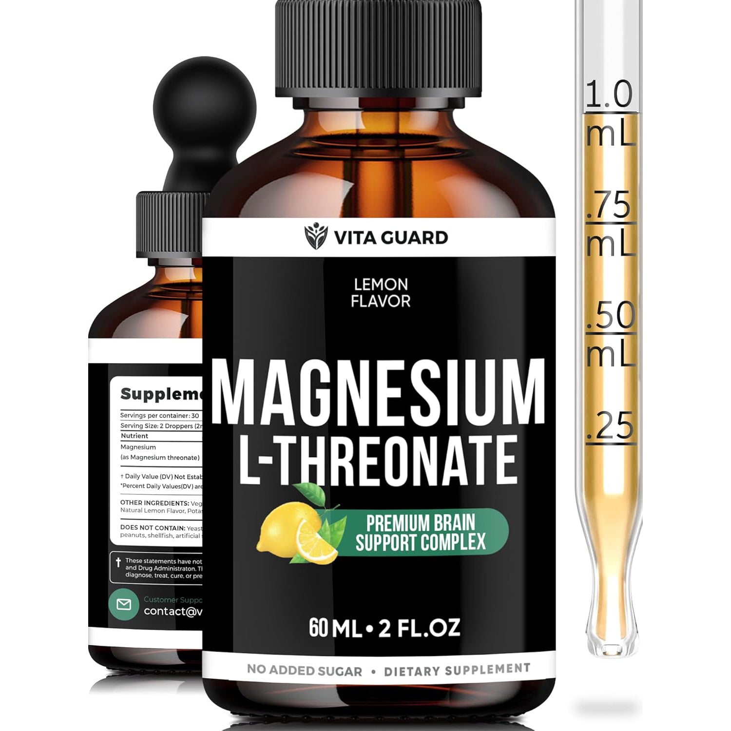Magnesium L-Threonate Liquid Drops – 500mg High-Absorption Brain Support Supplement, Lemon Flavor, 60ML | Memory, Focus & Relaxation | Vegan, Gluten-Free, Non-GMO