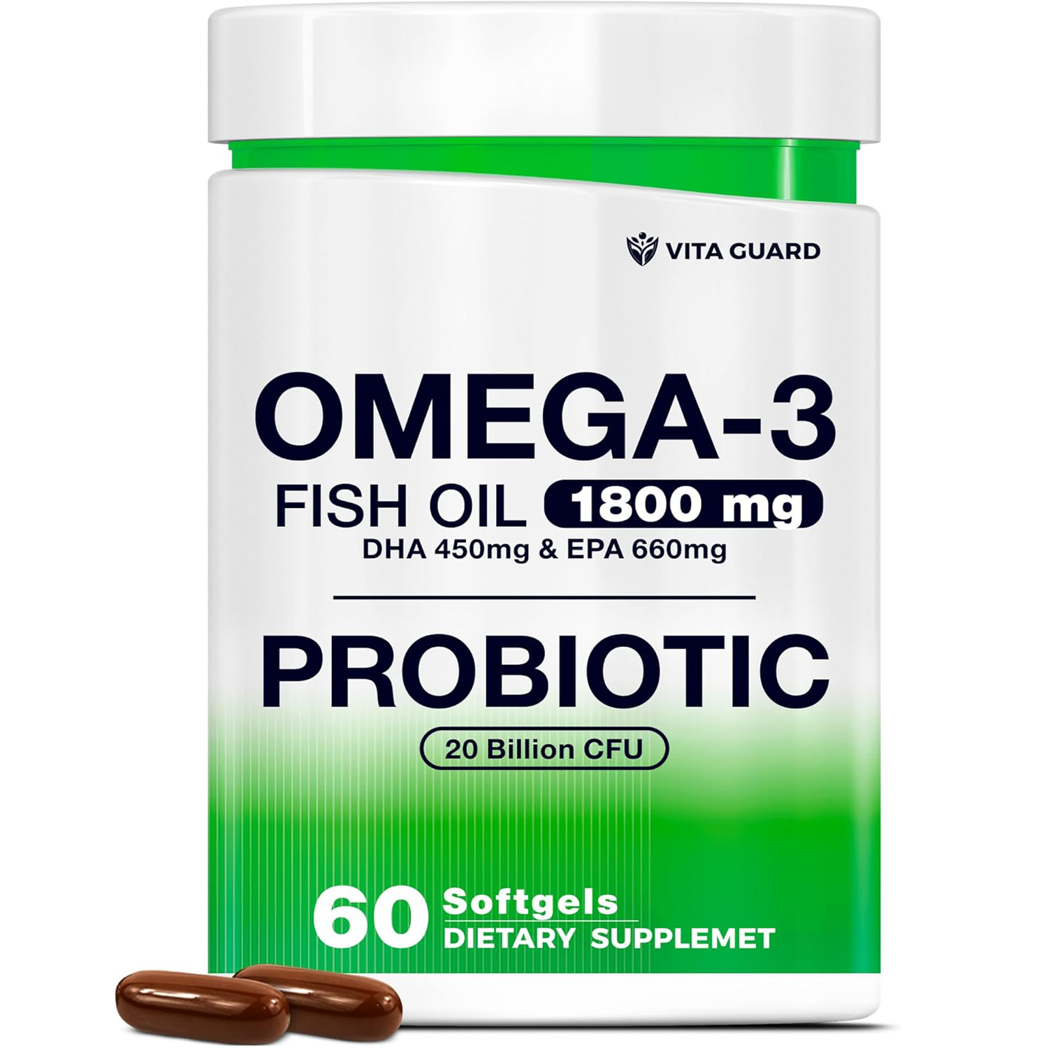 Omega-3 Fish Oil with Probiotics – 1800mg Fish Oil, 660mg EPA, 450mg DHA – Heart, Brain & Gut Support – 20 Billion CFU – Lemon-Flavored Burpless Softgels – Non-GMO, Gluten-Free