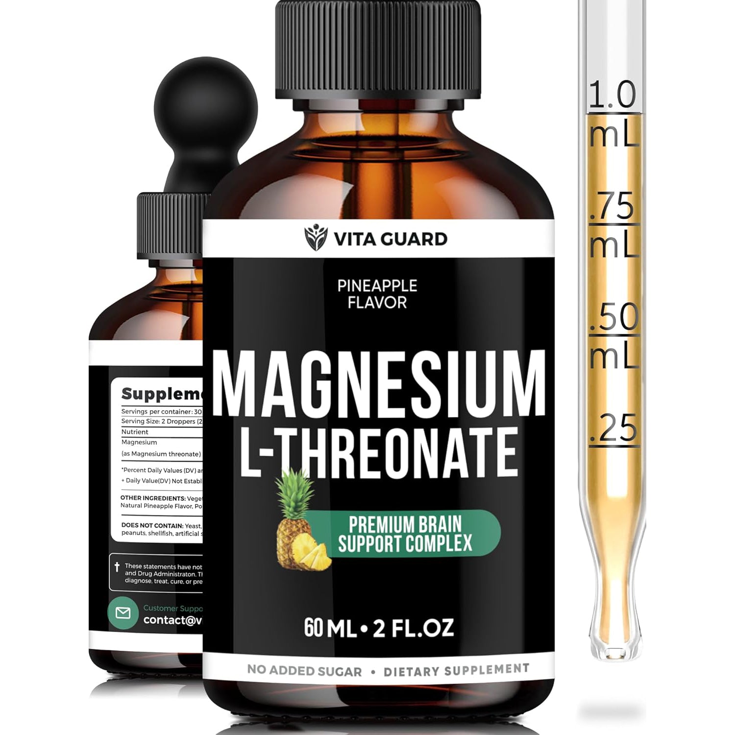 Magnesium L-Threonate Liquid Drops – 500mg High-Absorption Brain Support, Pineapple Flavor, 60ML Vegan, Gluten-Free, Non-GMO