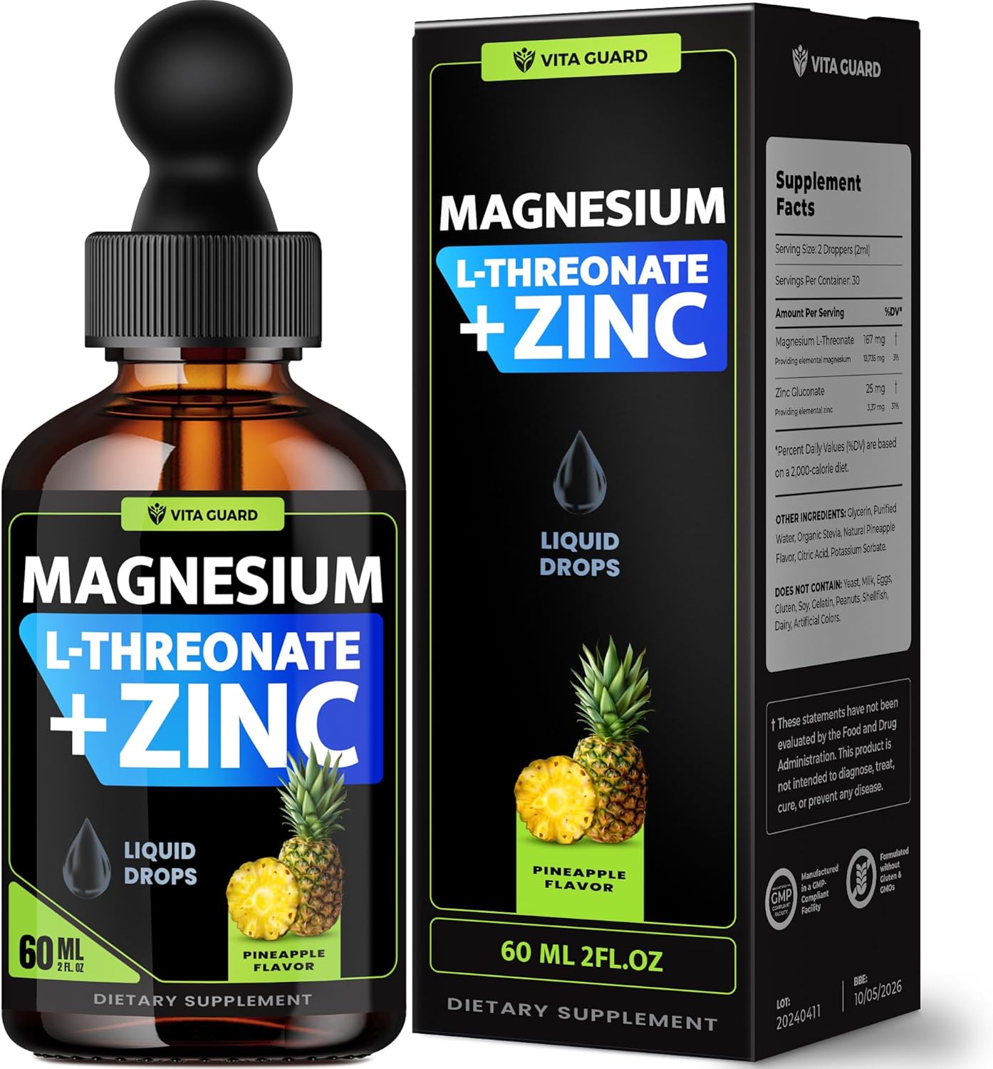Magnesium L-Threonate Zinc Liquid Drops – Magnesium + Zinc – High-Absorbtion Cognitive & Nutritional Support – Pineapple Flavor – 60ML | No Artificial Sweeteners