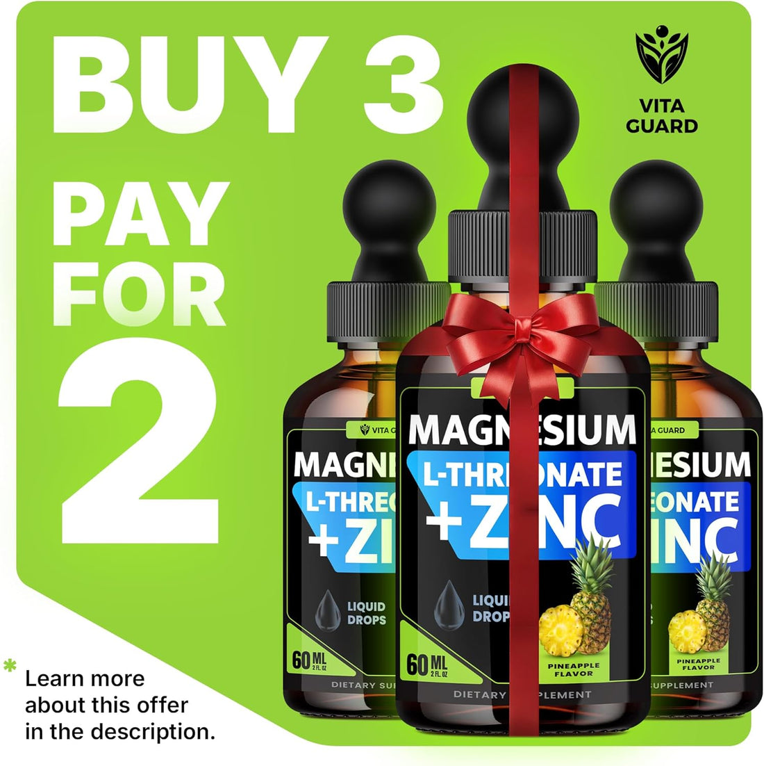Magnesium L-Threonate Zinc Liquid Drops – Magnesium + Zinc – High-Absorbtion Cognitive & Nutritional Support – Pineapple Flavor – 60ML | No Artificial Sweeteners
