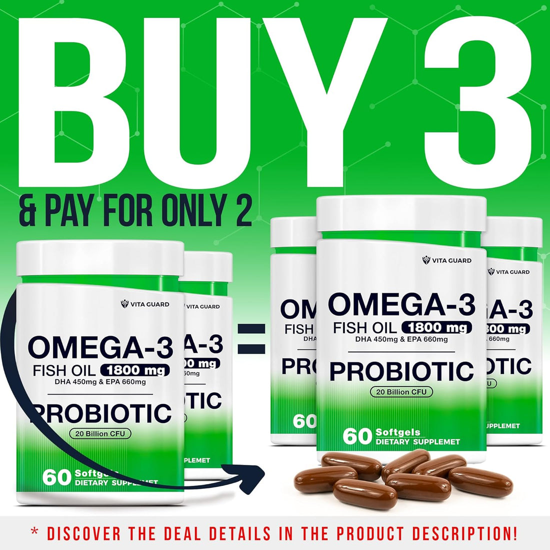 Omega-3 Fish Oil with Probiotics – 1800mg Fish Oil, 660mg EPA, 450mg DHA – Heart, Brain & Gut Support – 20 Billion CFU – Lemon-Flavored Burpless Softgels – Non-GMO, Gluten-Free